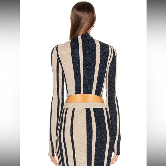 Self-Portrait Metallic Knit Cropped Turtleneck Top Navy Gold Striped Size Small - Picture 4 of 8